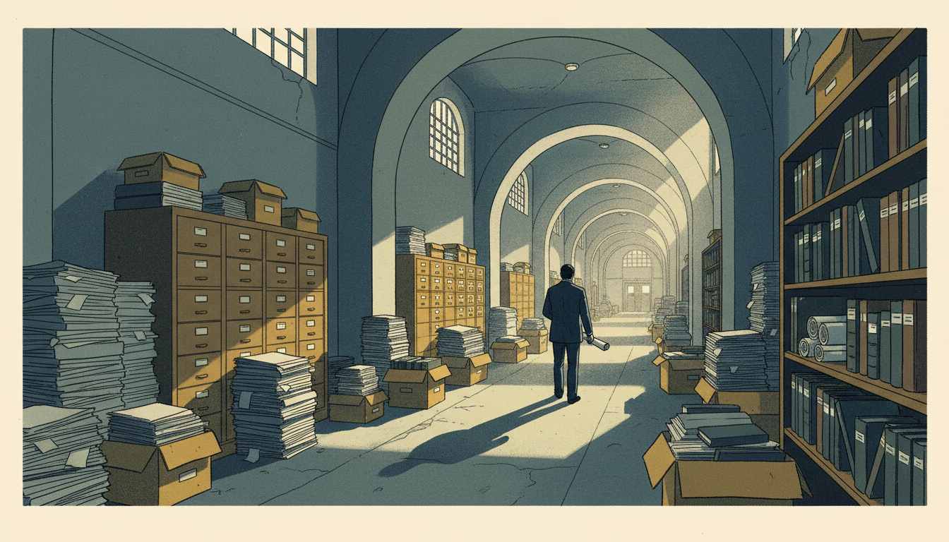 Editorial illustration: paper records, filing systems, institutional corridors.