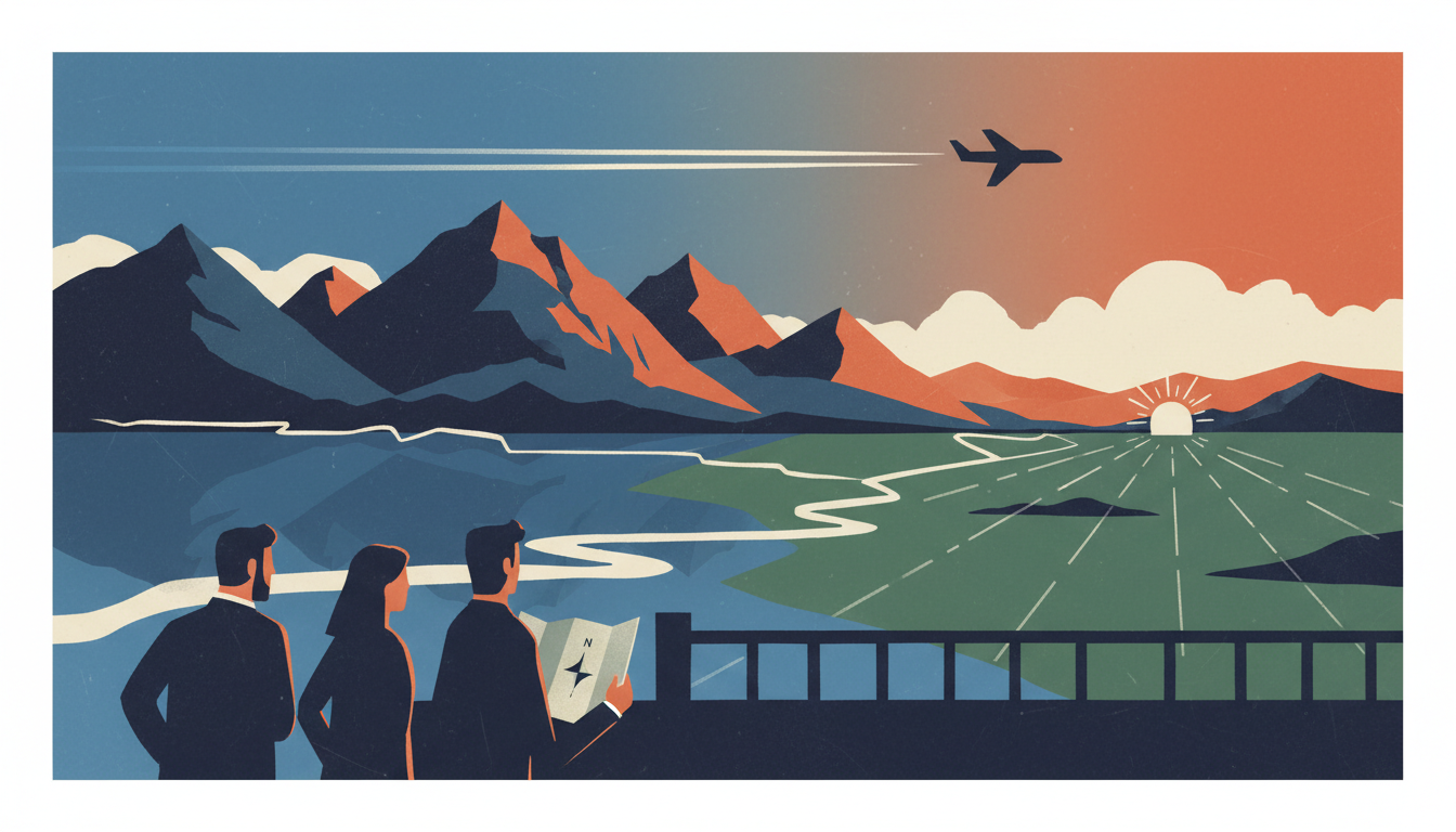Editorial illustration: distant geography, borders and transit, an international register.