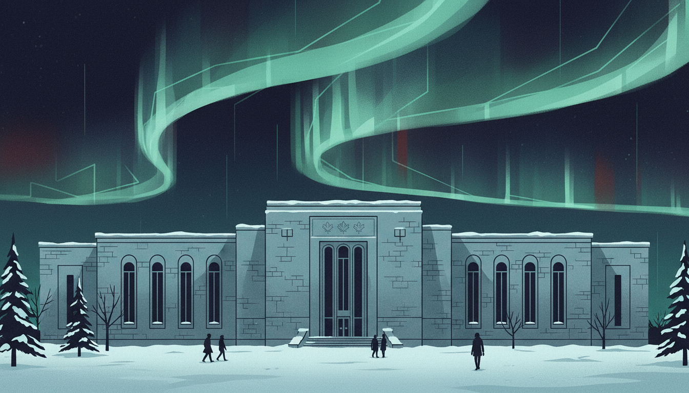 Editorial illustration: Canadian civic architecture and northern light, institutional and quiet.