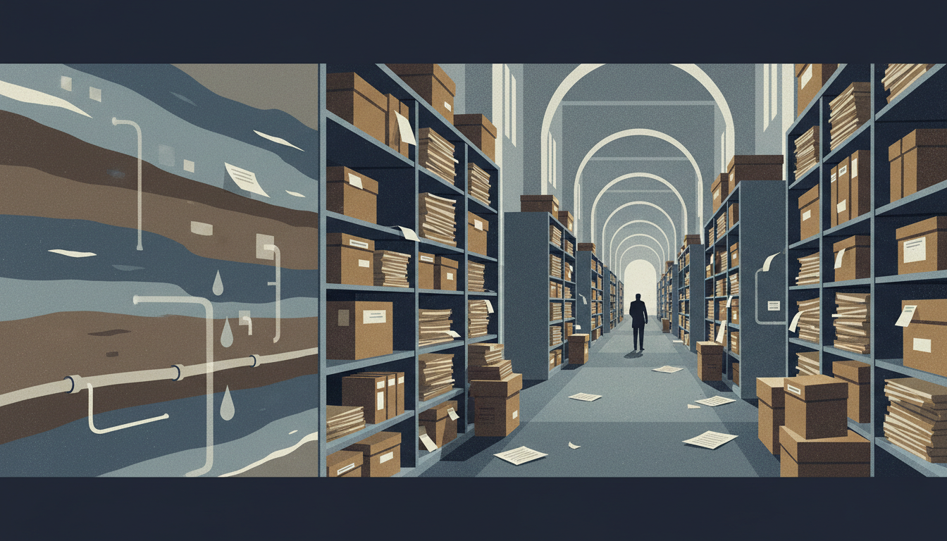 Editorial illustration: paper records, filing systems, institutional corridors.