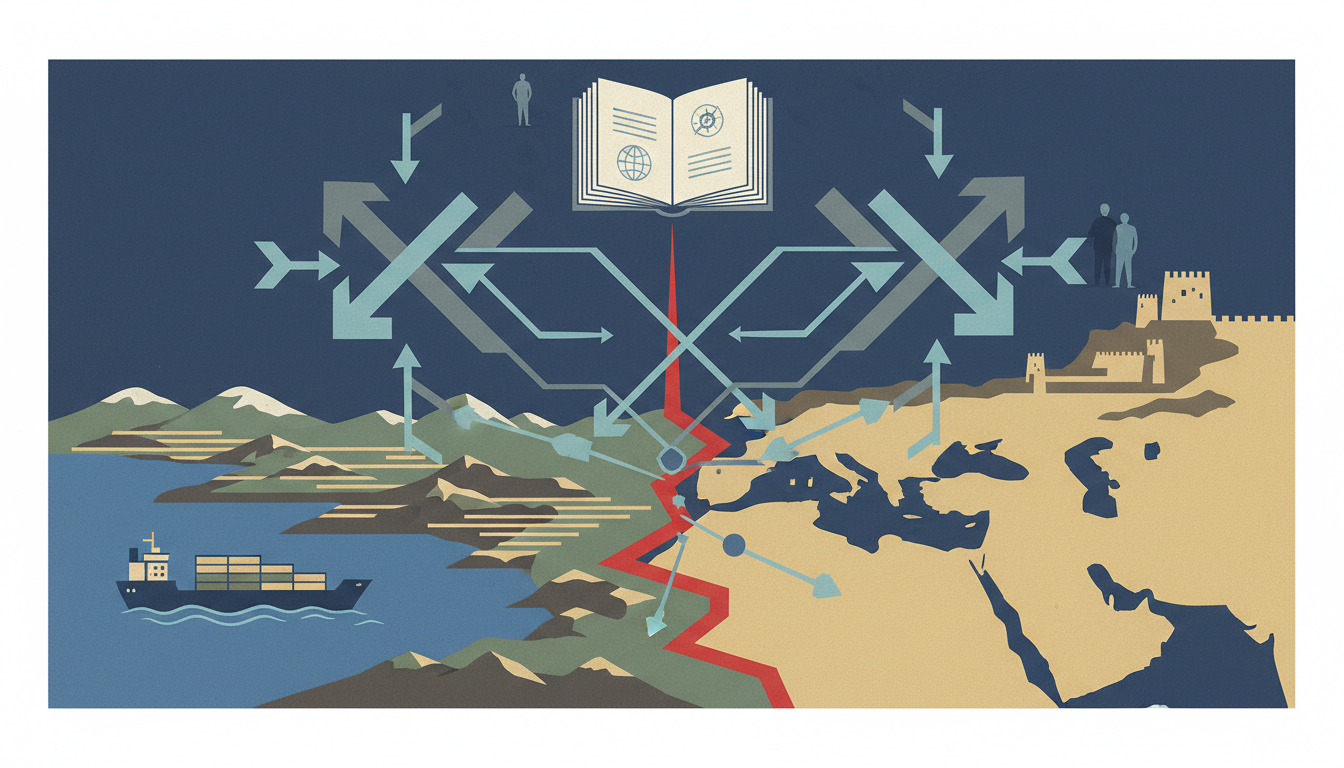 Editorial illustration: distant geography, borders and transit, an international register.