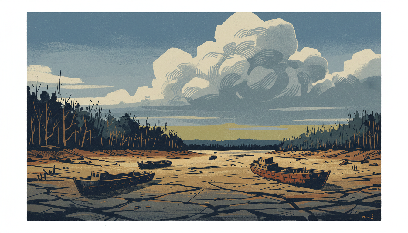 Editorial illustration: landscape under pressure, weather, forest, water.