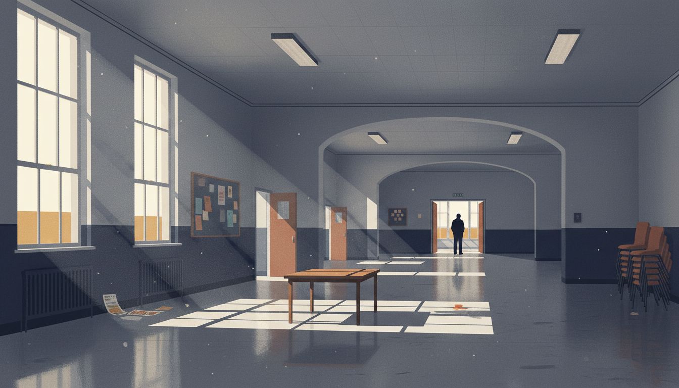 Editorial illustration: an empty community space, doorways, light through windows, absence and presence.