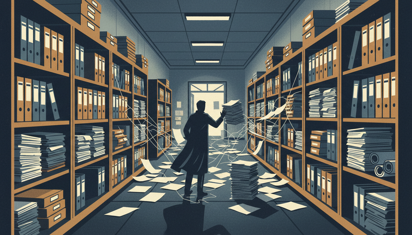 Editorial illustration: paper records, filing systems, institutional corridors.