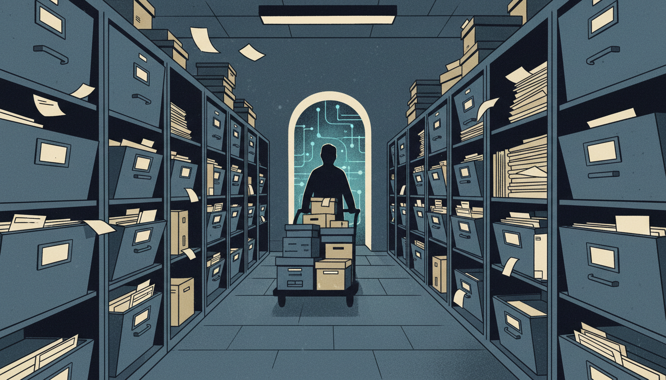 Editorial illustration: paper records, filing systems, institutional corridors.