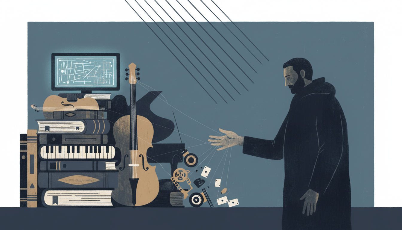 Editorial illustration: books, instruments, screens, objects of cultural life.