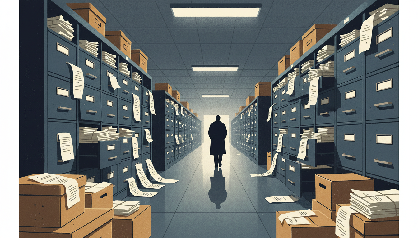 Editorial illustration: paper records, filing systems, institutional corridors.