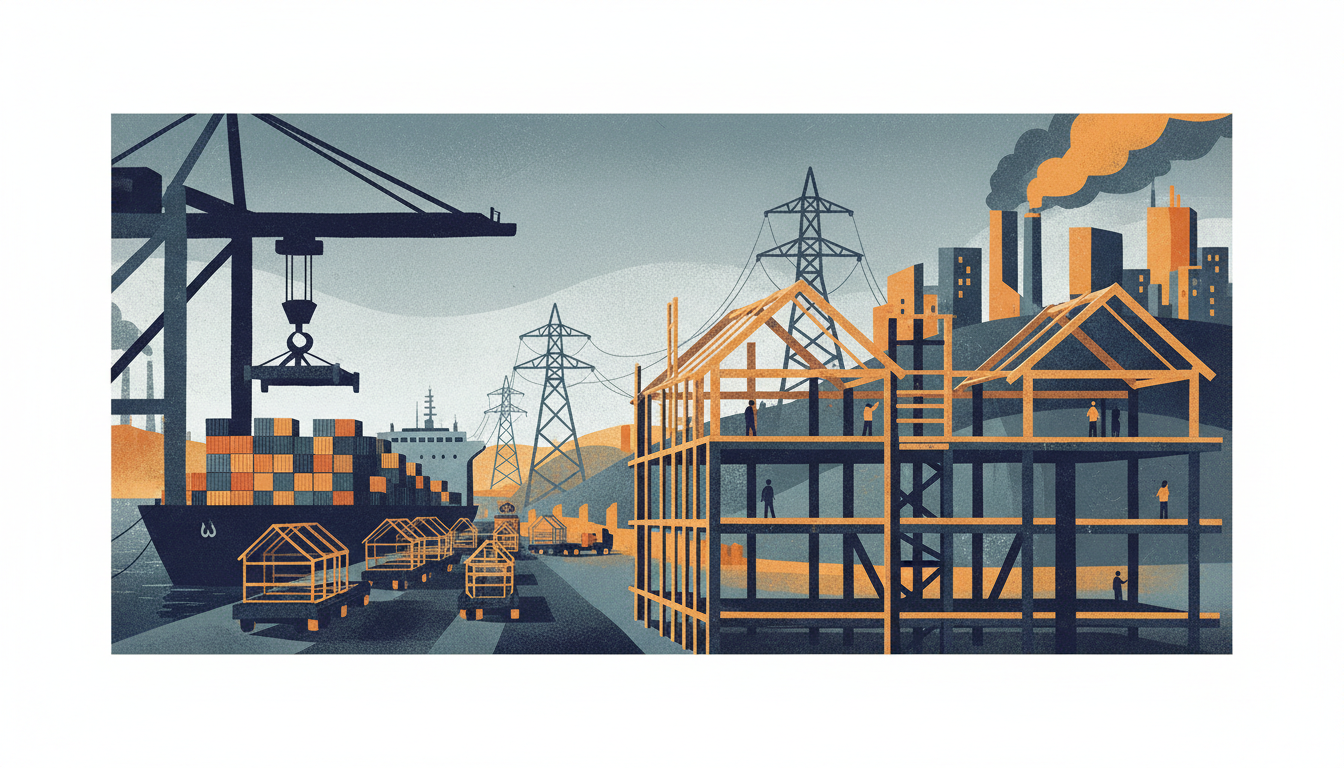Editorial illustration: infrastructure, ports, housing frames, the physical economy.