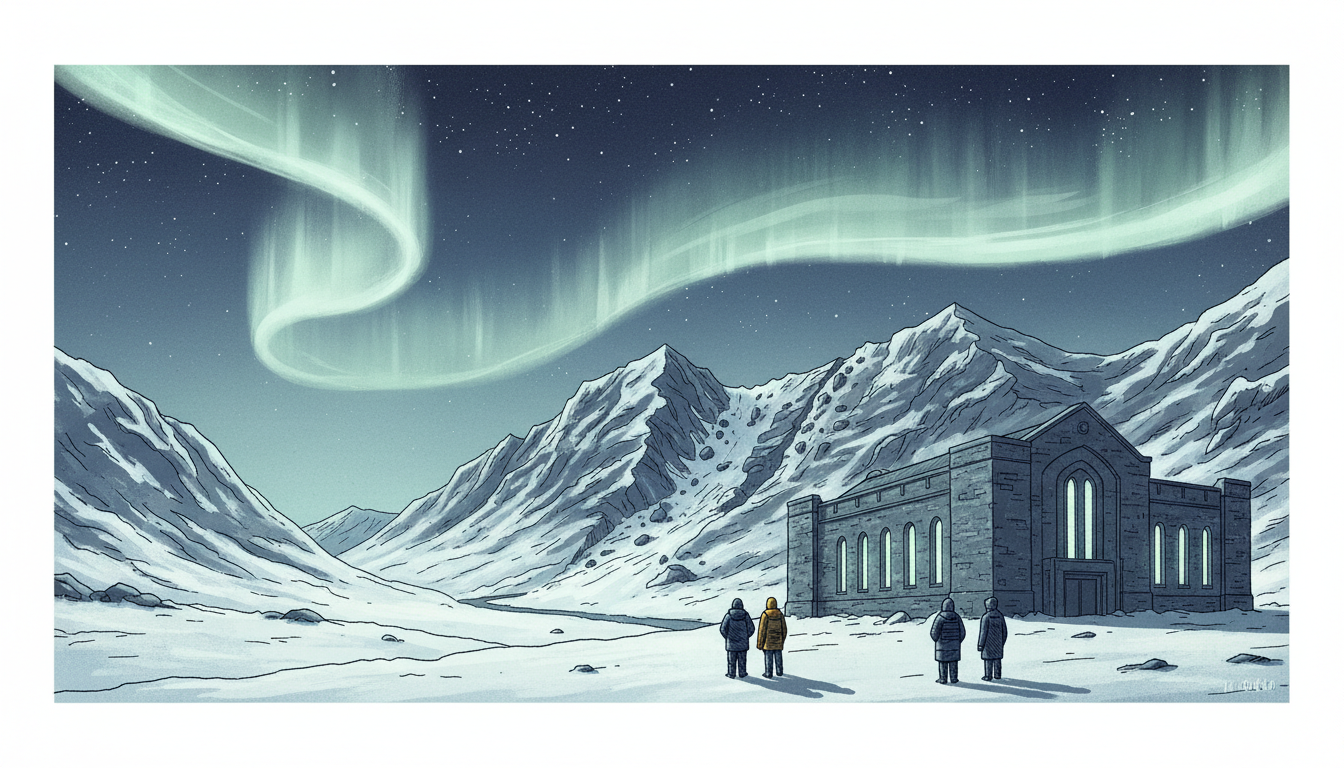 Editorial illustration: Canadian civic architecture and northern light, institutional and quiet.