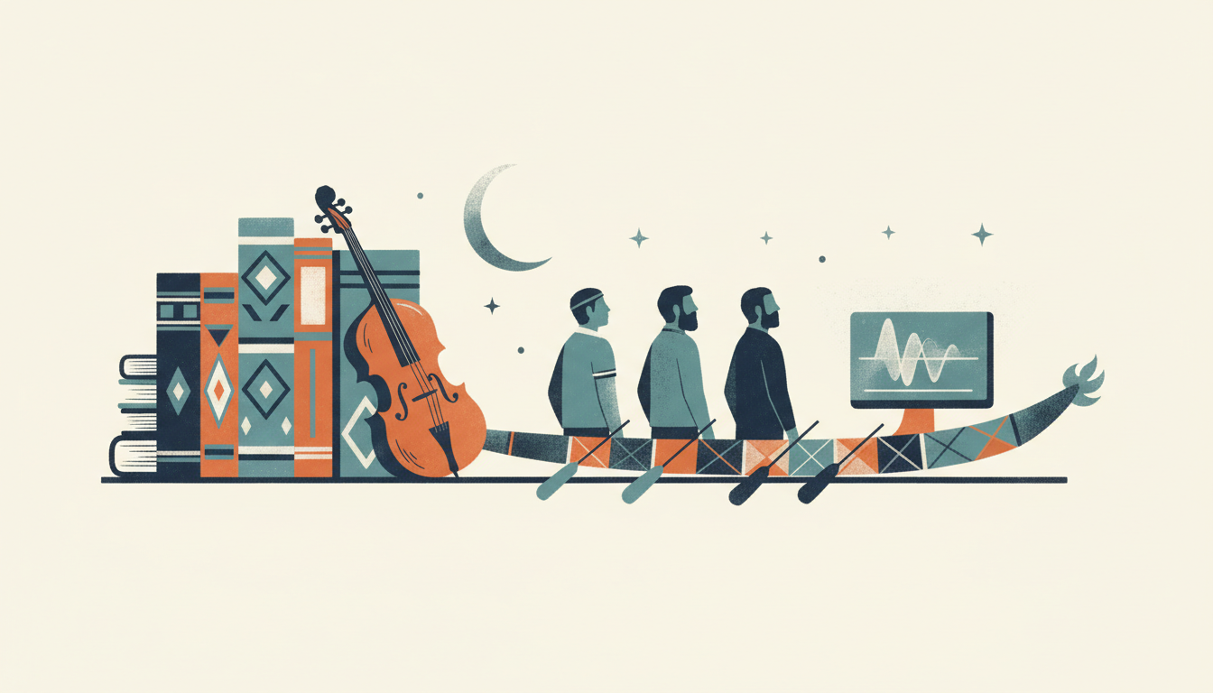 Editorial illustration: books, instruments, screens, objects of cultural life.