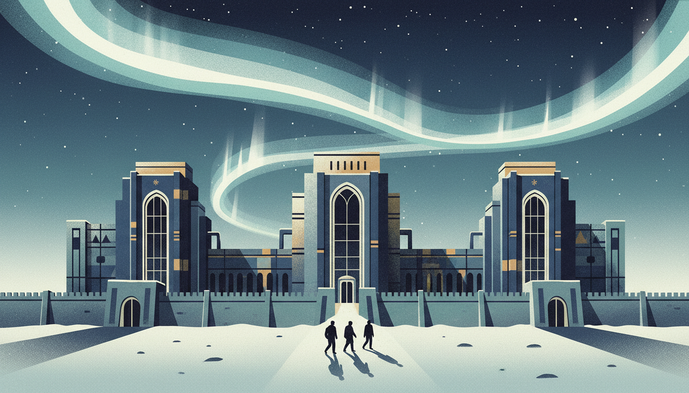 Editorial illustration: Canadian civic architecture and northern light, institutional and quiet.