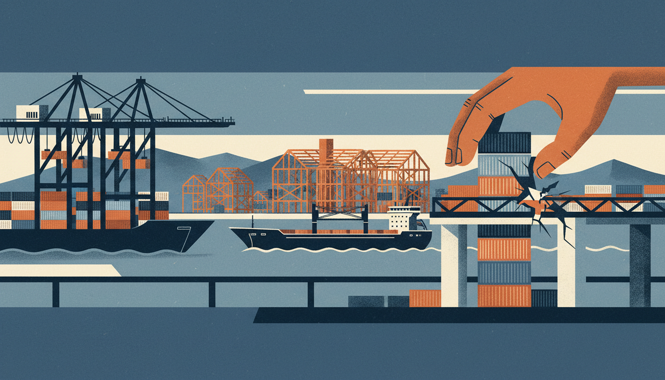 Editorial illustration: infrastructure, ports, housing frames, the physical economy.