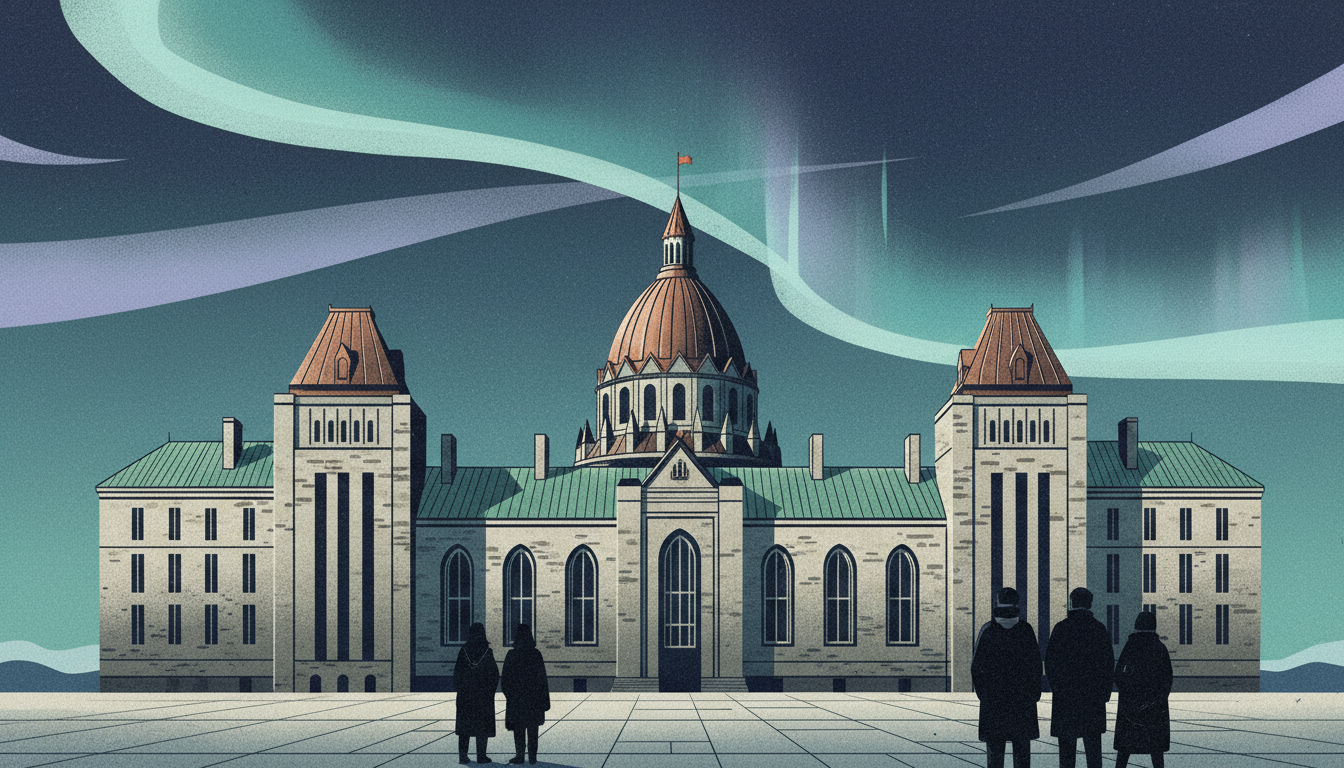 Editorial illustration: Canadian civic architecture and northern light, institutional and quiet.